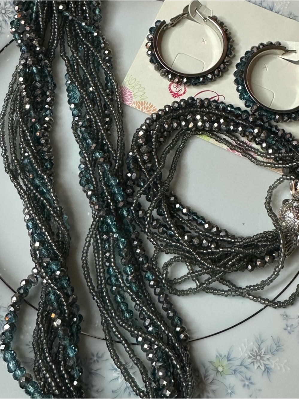 Premier Designs Teal and Gunmetal Multi-Strand Necklace w:Hoop Earrings Bracelet